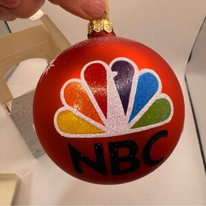 Komozja Poland glass large Christmas ball ornament red NBC glitter  peacock logo